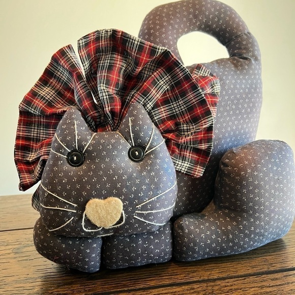 Vintage Fabric HandmadeFat Cat Weighted Doorstop Green Floral Pattern Kitty Cat - Picture 4 of 11